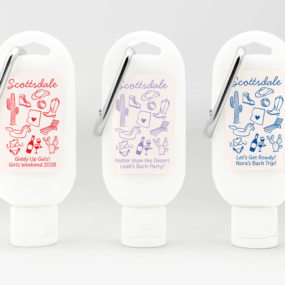 Sunscreen with Carabiner Favor, Girls Trip, Scottsdale Bachelorette Carabiner Sunscreen
