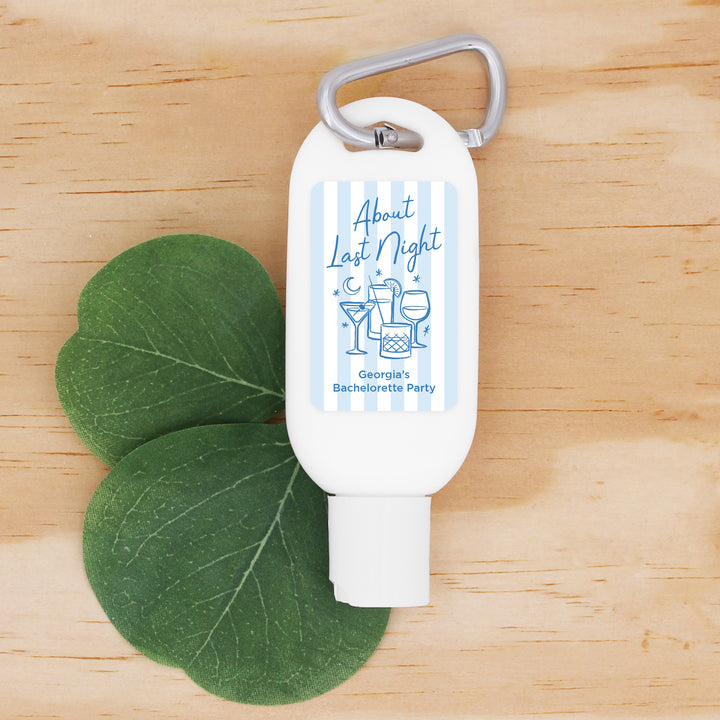 About Last Night, Last Toast on the Coast, Bachelorette Stripe Carabiner Sunscreen