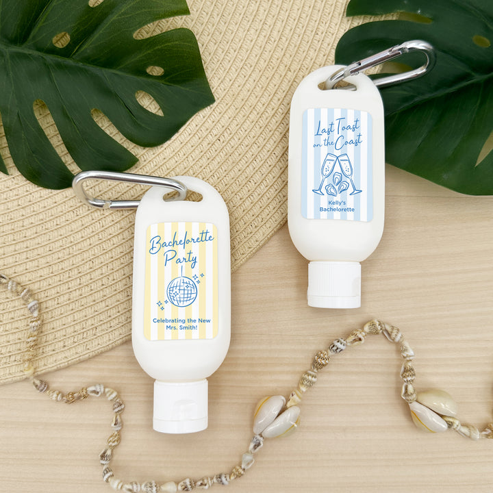 About Last Night, Last Toast on the Coast, Bachelorette Stripe Carabiner Sunscreen