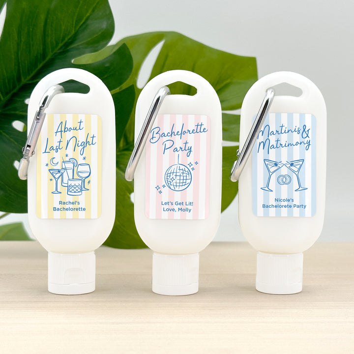About Last Night, Last Toast on the Coast, Bachelorette Stripe Carabiner Sunscreen