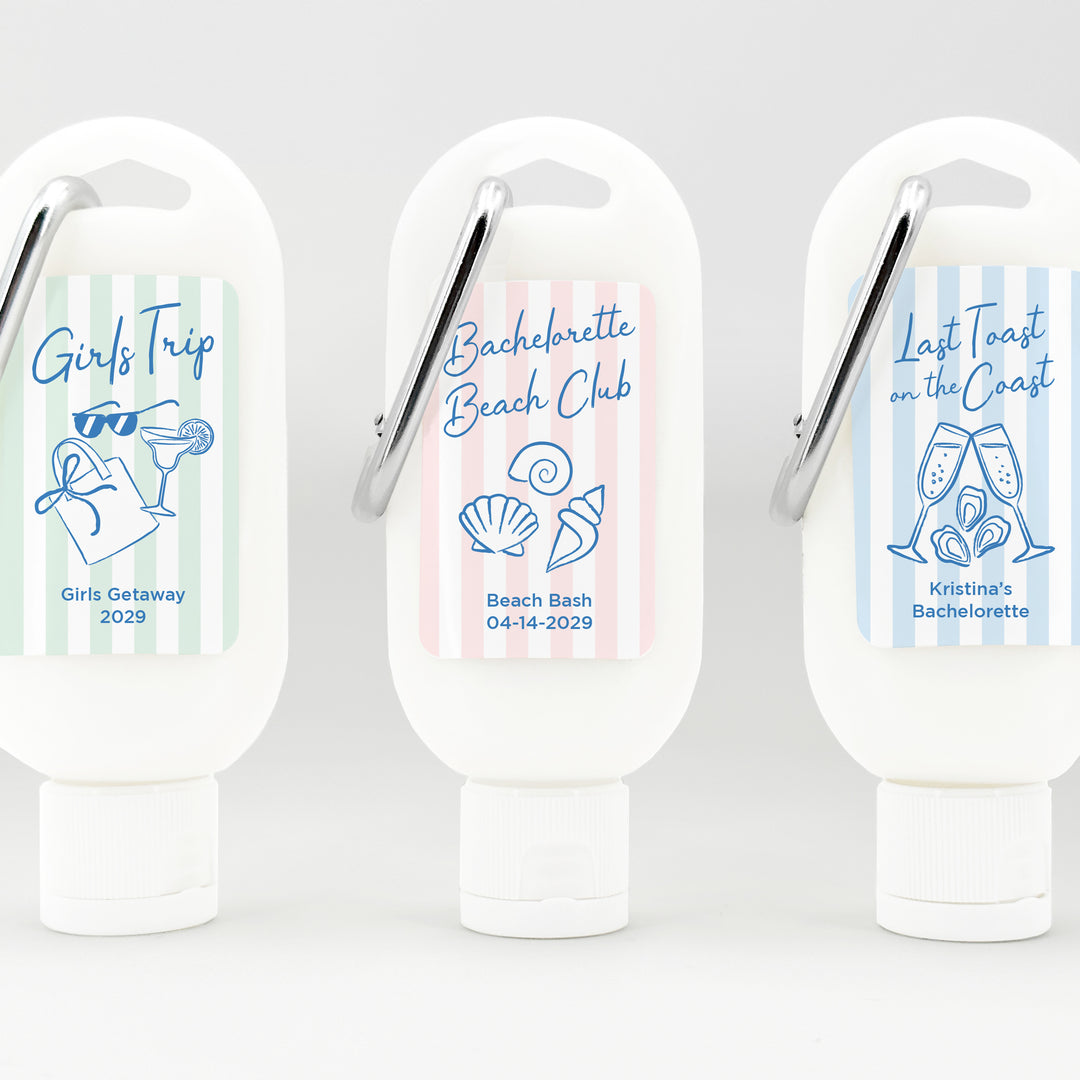 About Last Night, Last Toast on the Coast, Bachelorette Stripe Carabiner Sunscreen