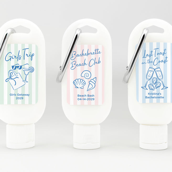 About Last Night, Last Toast on the Coast, Bachelorette Stripe Carabiner Sunscreen