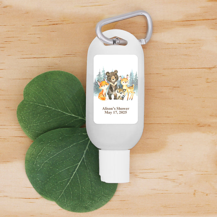 Custom Baby Shower Hand Sanitizer with Carabiner, Woodland Animals