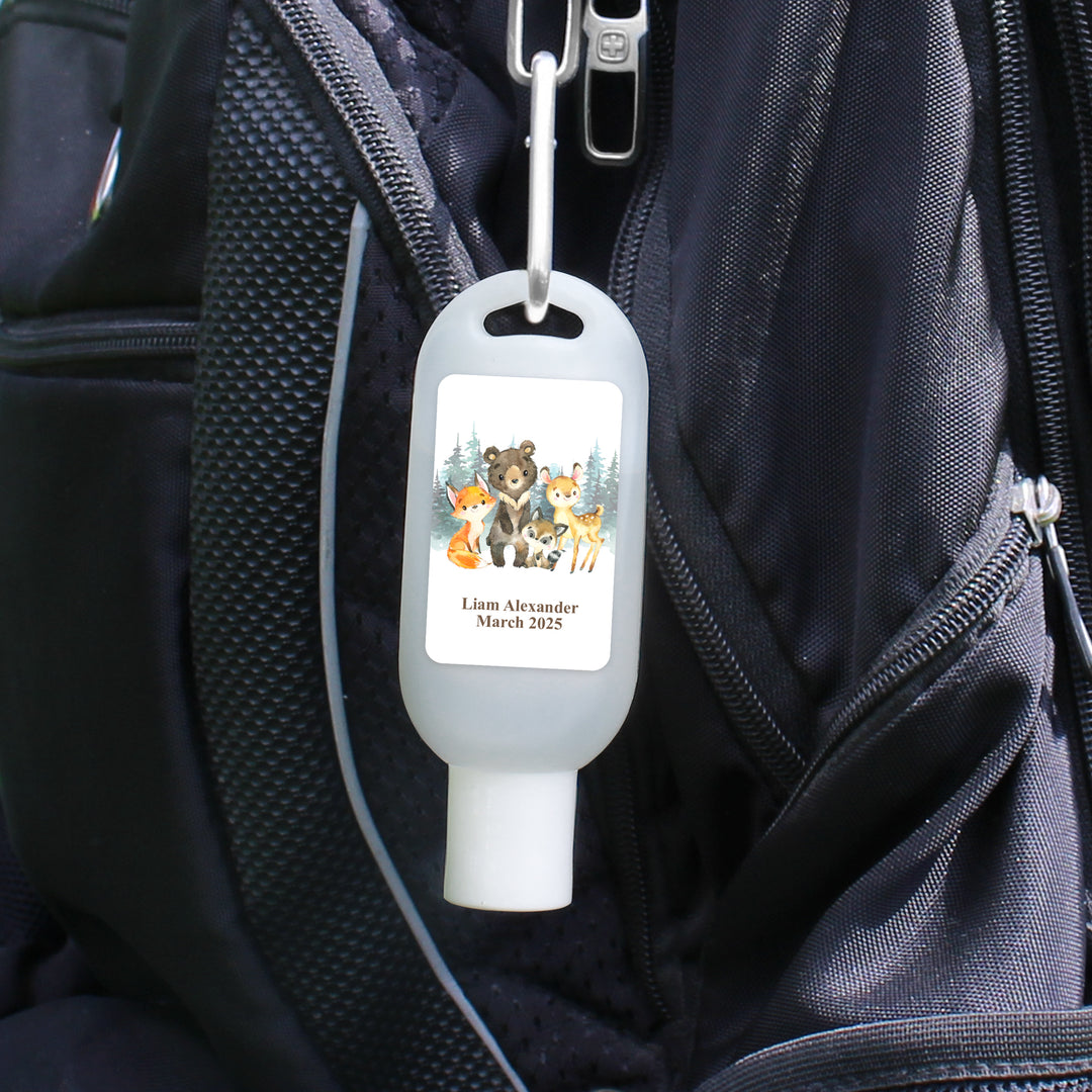 Custom Baby Shower Hand Sanitizer with Carabiner, Woodland Animals