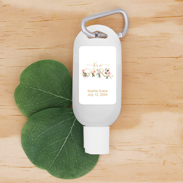 Custom Baby Shower Hand Sanitizer with Carabiner, Gender Reveal, It's a Girl