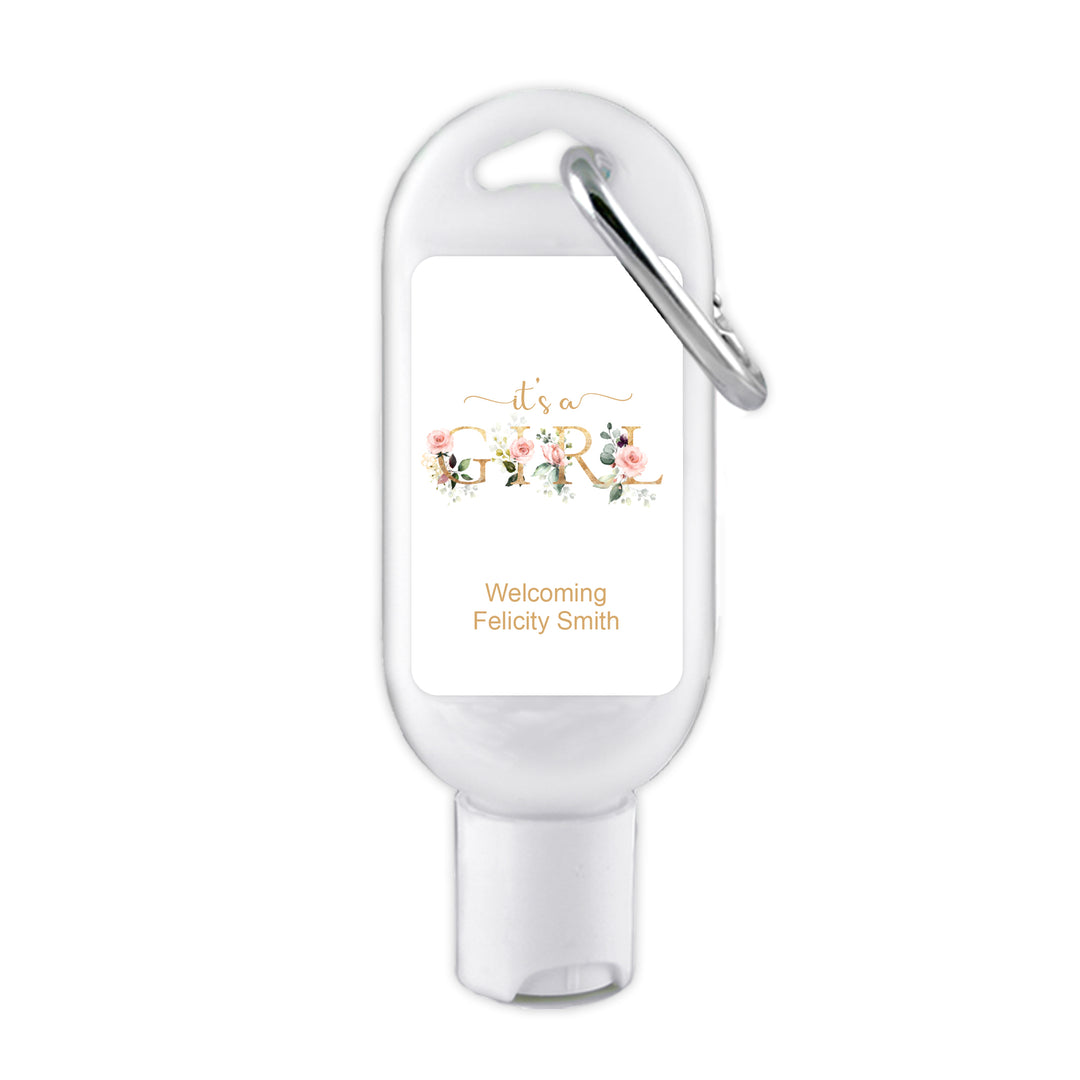 Custom Baby Shower Hand Sanitizer with Carabiner, Gender Reveal, It's a Girl