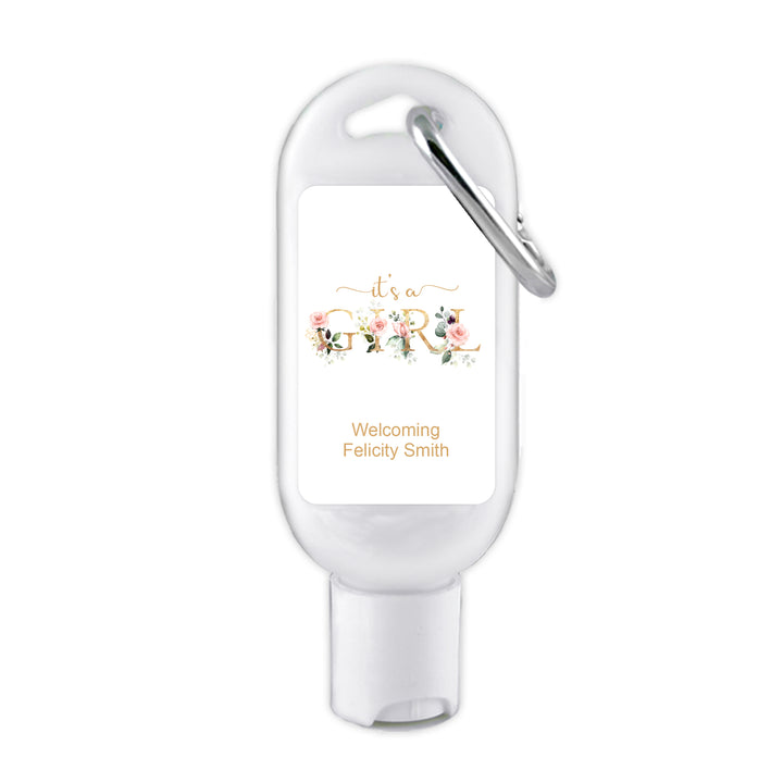 Custom Baby Shower Hand Sanitizer with Carabiner, Gender Reveal, It's a Girl