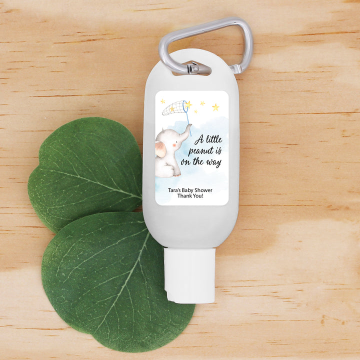 Custom Baby Shower Hand Sanitizer with Carabiner, Gender Reveal, Blue Baby Elephant