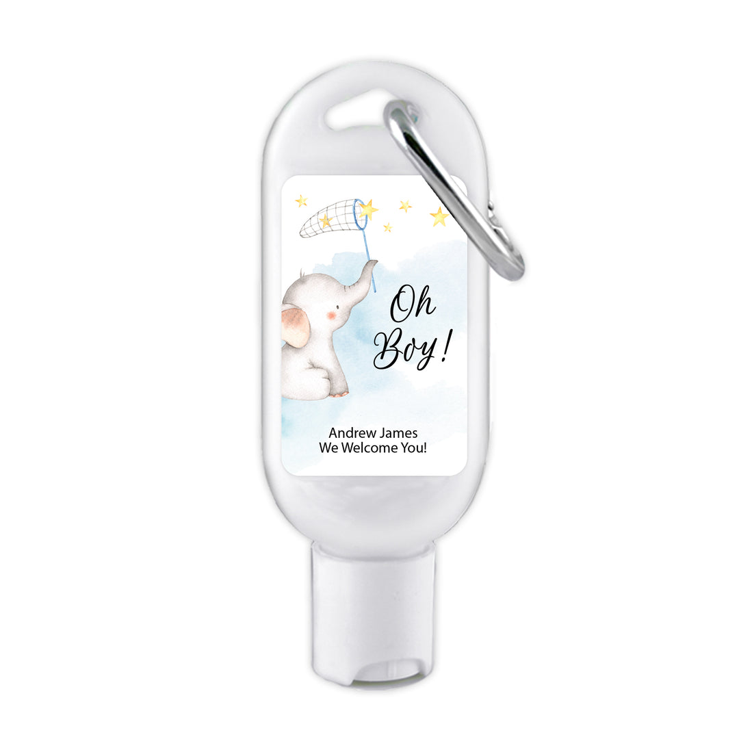 Custom Baby Shower Hand Sanitizer with Carabiner, Gender Reveal, Blue Baby Elephant