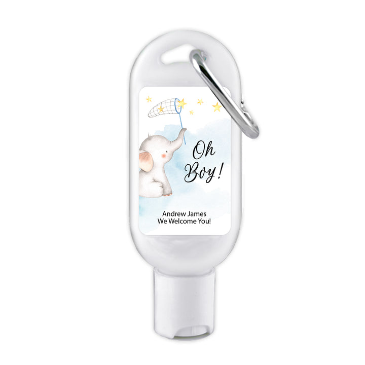 Custom Baby Shower Hand Sanitizer with Carabiner, Gender Reveal, Blue Baby Elephant