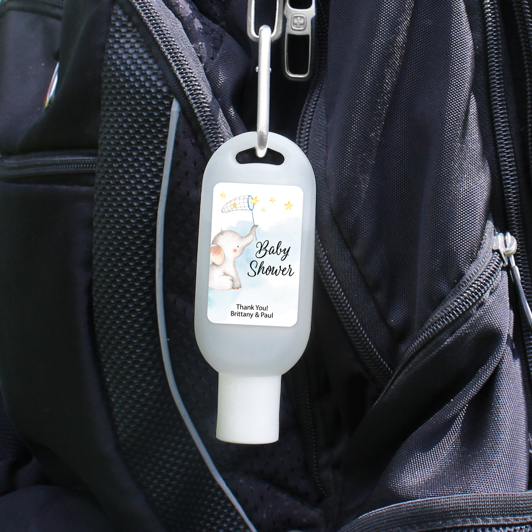 Custom Baby Shower Hand Sanitizer with Carabiner, Gender Reveal, Blue Baby Elephant
