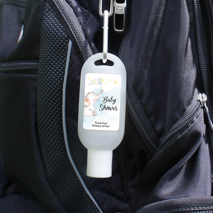 Custom Baby Shower Hand Sanitizer with Carabiner, Gender Reveal, Blue Baby Elephant