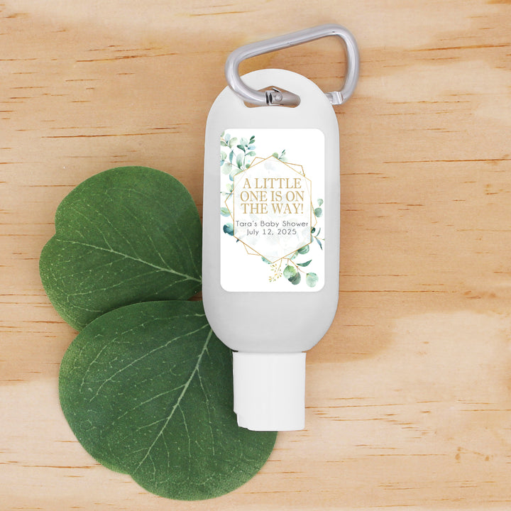 Custom Baby Shower Hand Sanitizer with Carabiner, Oh Baby, Geometric Eucalyptus