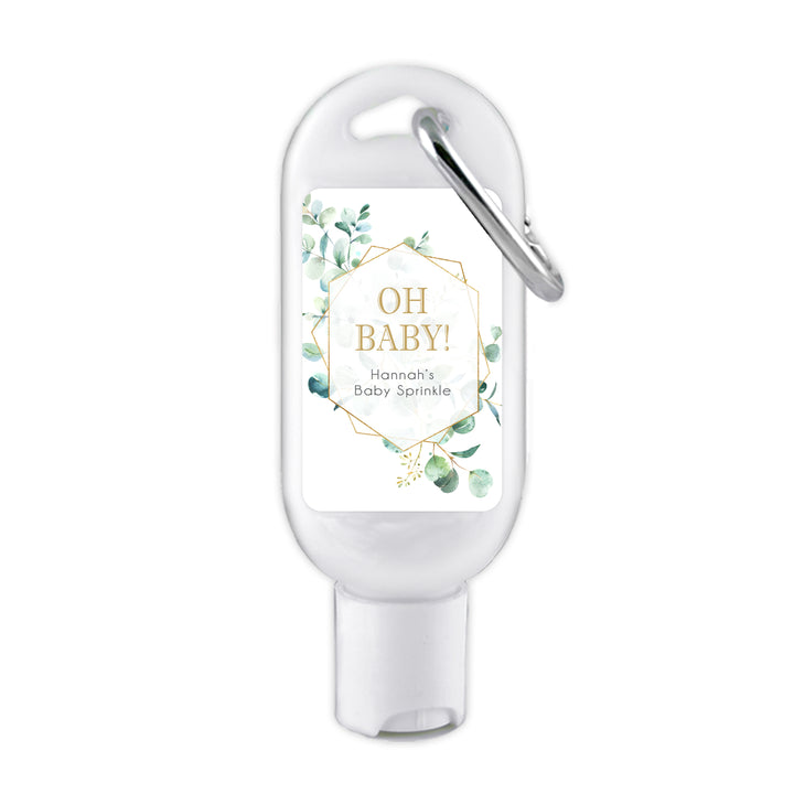 Custom Baby Shower Hand Sanitizer with Carabiner, Oh Baby, Geometric Eucalyptus