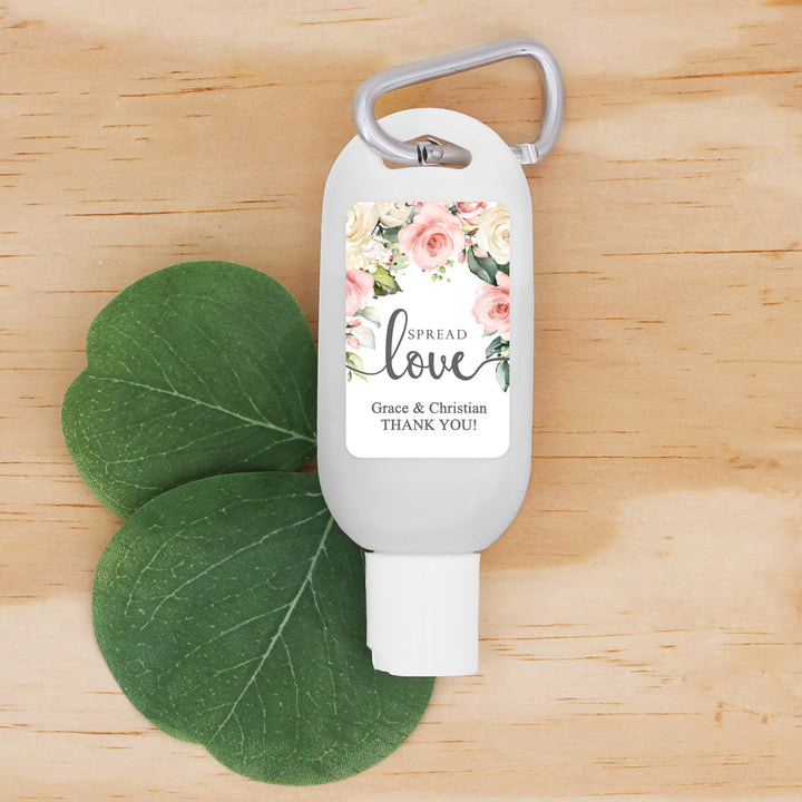 Custom Wedding Hand Sanitizer with Carabiner, Spread Love, Pink and White Floral