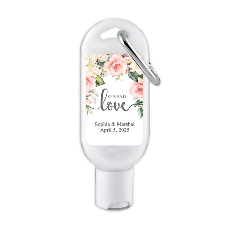Custom Wedding Hand Sanitizer with Carabiner, Spread Love, Pink and White Floral
