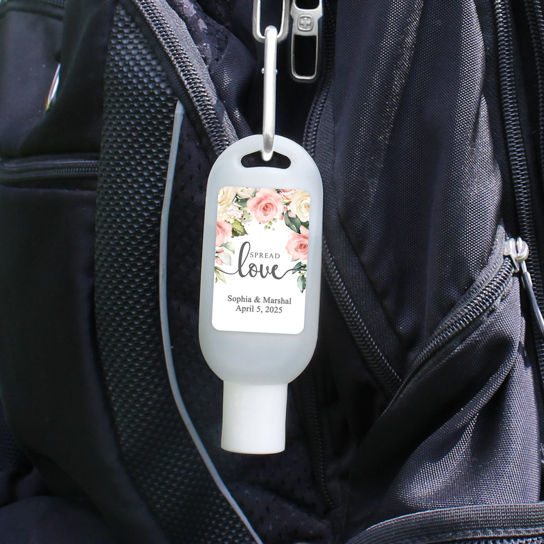Custom Wedding Hand Sanitizer with Carabiner, Spread Love, Pink and White Floral