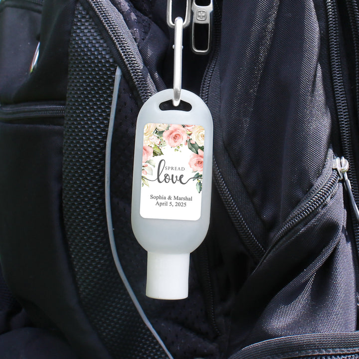 Custom Wedding Hand Sanitizer with Carabiner, Spread Love, Pink and White Floral