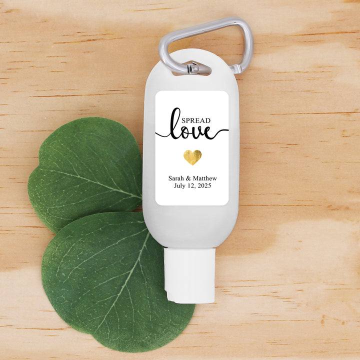 Custom Wedding Hand Sanitizer with Carabiner, Spread Love, Gold Heart