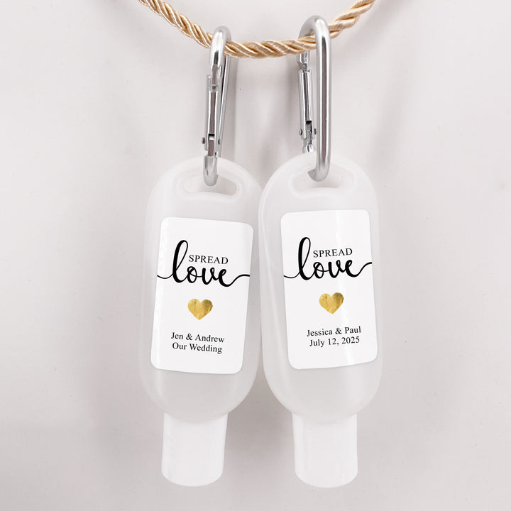 Custom Wedding Hand Sanitizer with Carabiner, Spread Love, Gold Heart