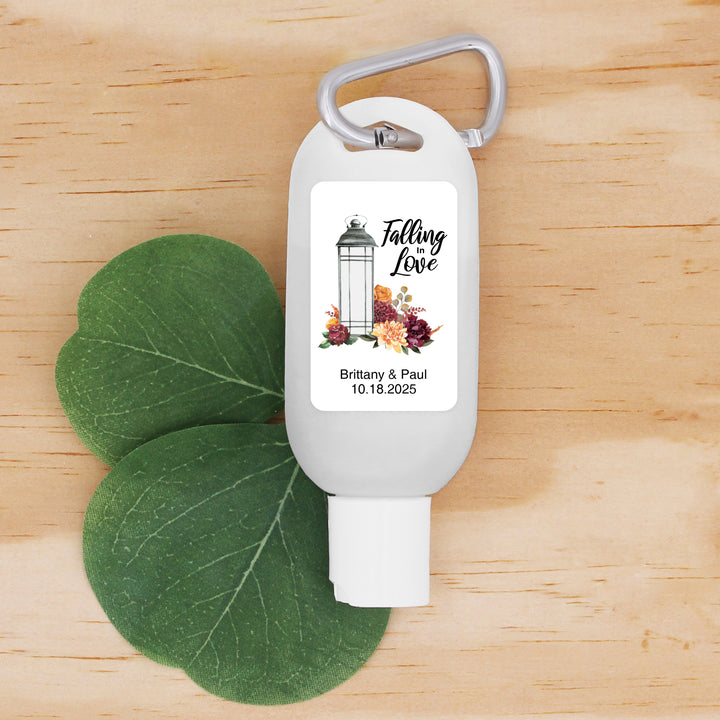 Custom Wedding Hand Sanitizer with Carabiner, Falling in Love, Floral Lantern