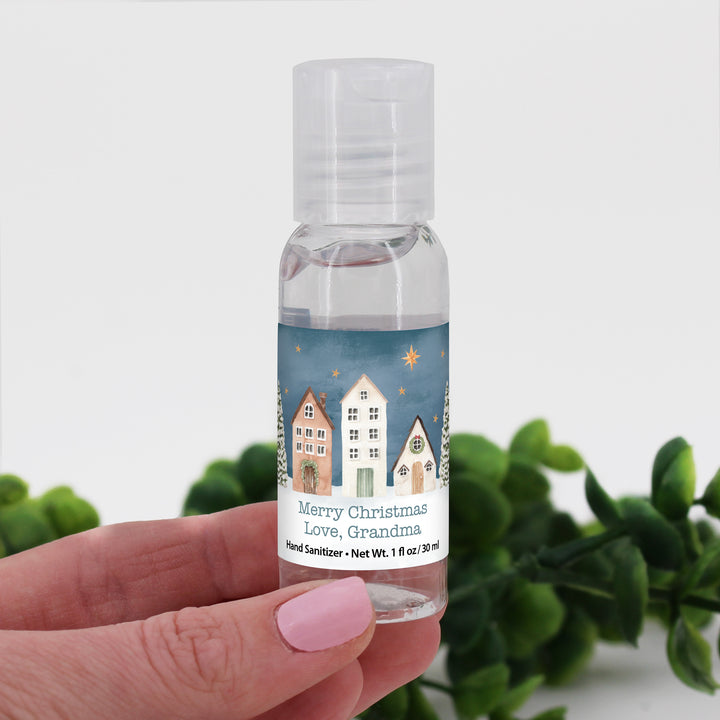 Winter Wedding Favors, Custom Hand Sanitizers, Stocking Stuffers, Christmas Party Gift, Watercolor Christmas Village