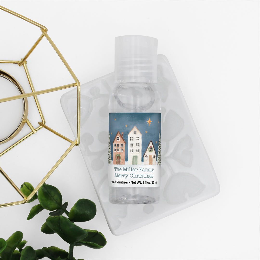 Winter Wedding Favors, Custom Hand Sanitizers, Stocking Stuffers, Christmas Party Gift, Watercolor Christmas Village