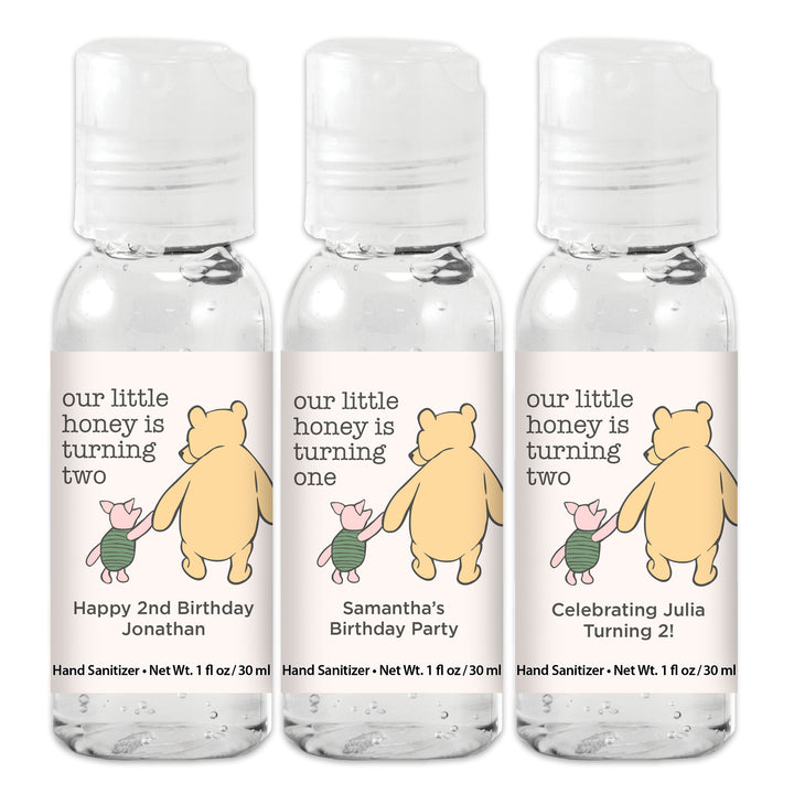 Our Little Honey is Turning One, Winnie the Pooh and Piglet Birthday, Custom Hand Sanitizer Favors