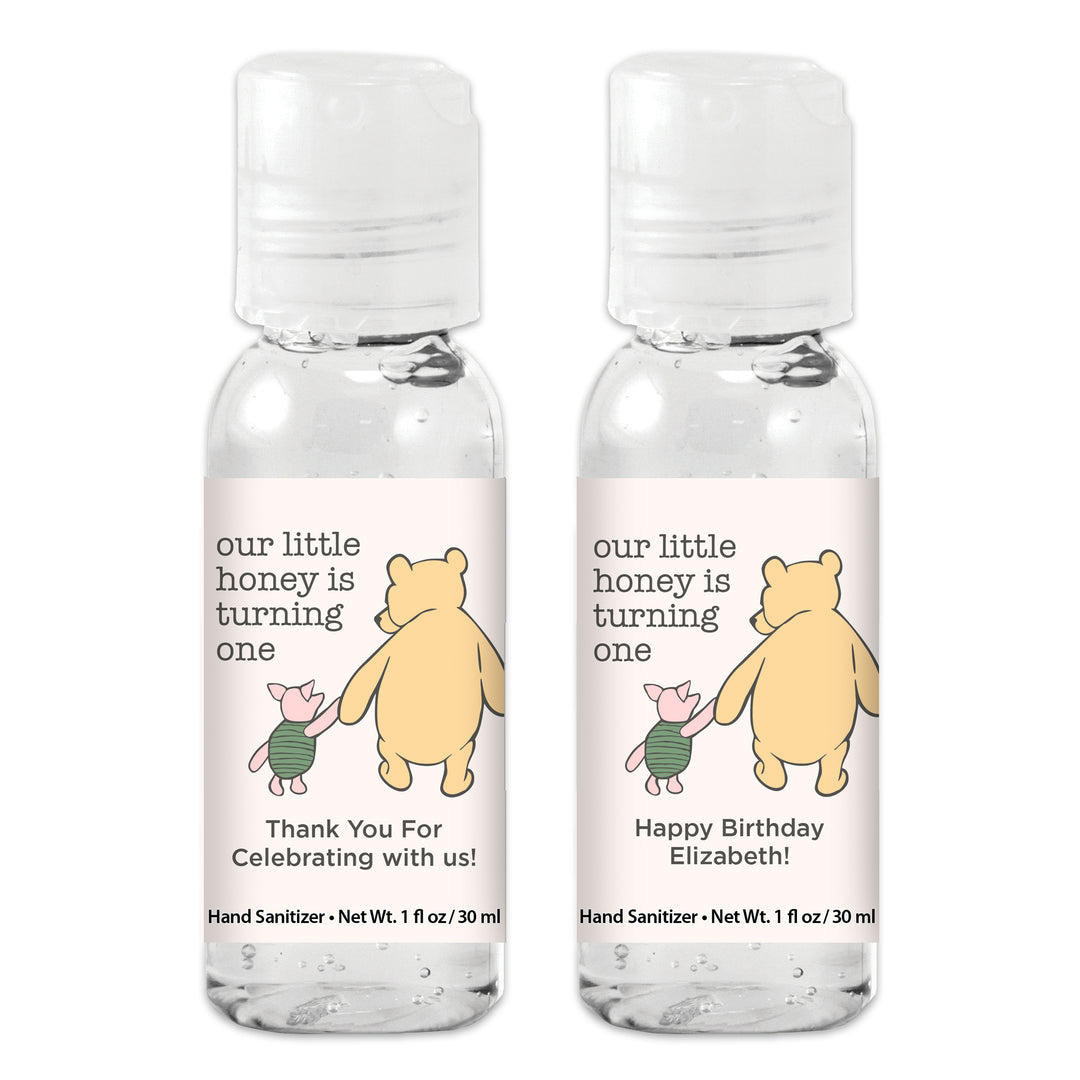 Our Little Honey is Turning One, Winnie the Pooh and Piglet Birthday, Custom Hand Sanitizer Favors