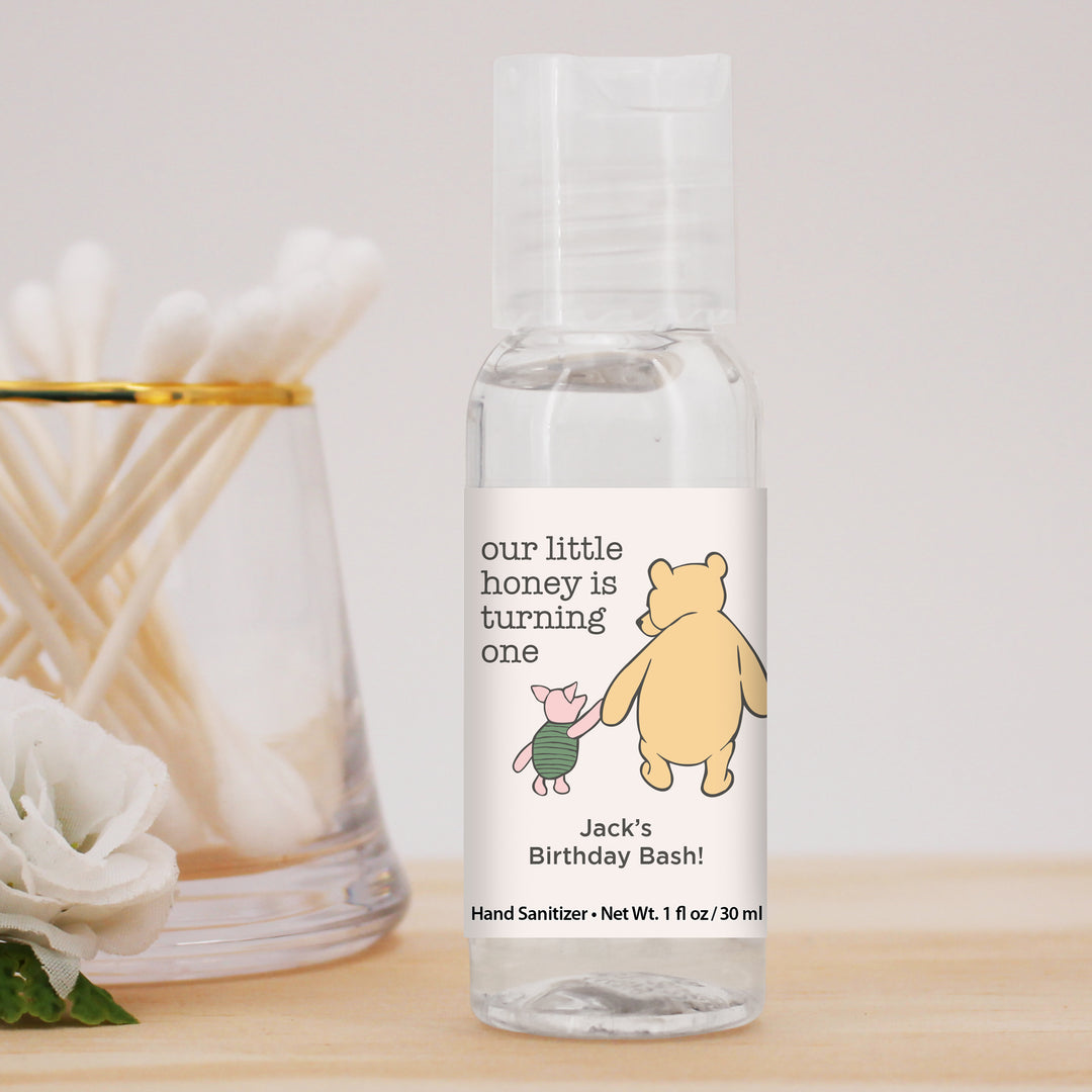 Our Little Honey is Turning One, Winnie the Pooh and Piglet Birthday, Custom Hand Sanitizer Favors