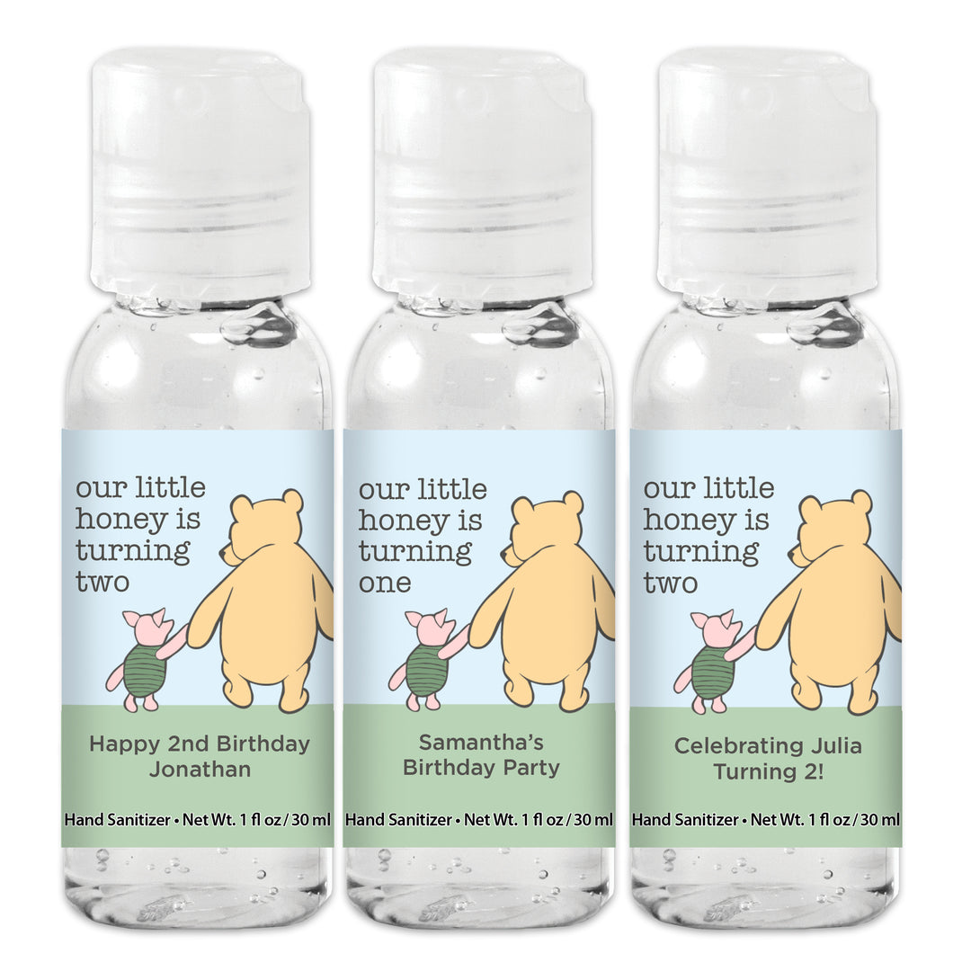 Our Little Honey is Turning One, Winnie the Pooh and Piglet Blue Skies Birthday, Custom Hand Sanitizer Favors