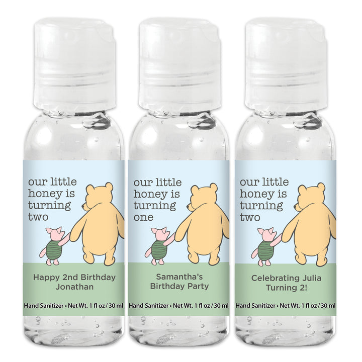 Our Little Honey is Turning One, Winnie the Pooh and Piglet Blue Skies Birthday, Custom Hand Sanitizer Favors