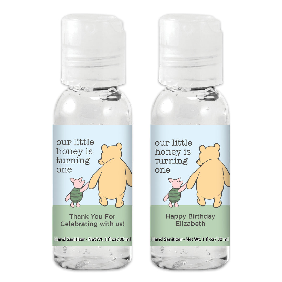 Our Little Honey is Turning One, Winnie the Pooh and Piglet Blue Skies Birthday, Custom Hand Sanitizer Favors
