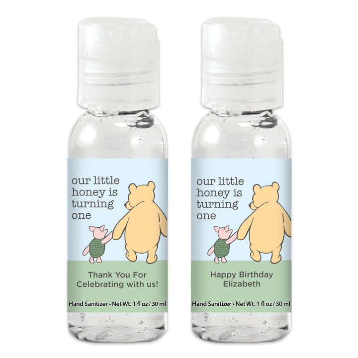 Our Little Honey is Turning One, Winnie the Pooh and Piglet Blue Skies Birthday, Custom Hand Sanitizer Favors