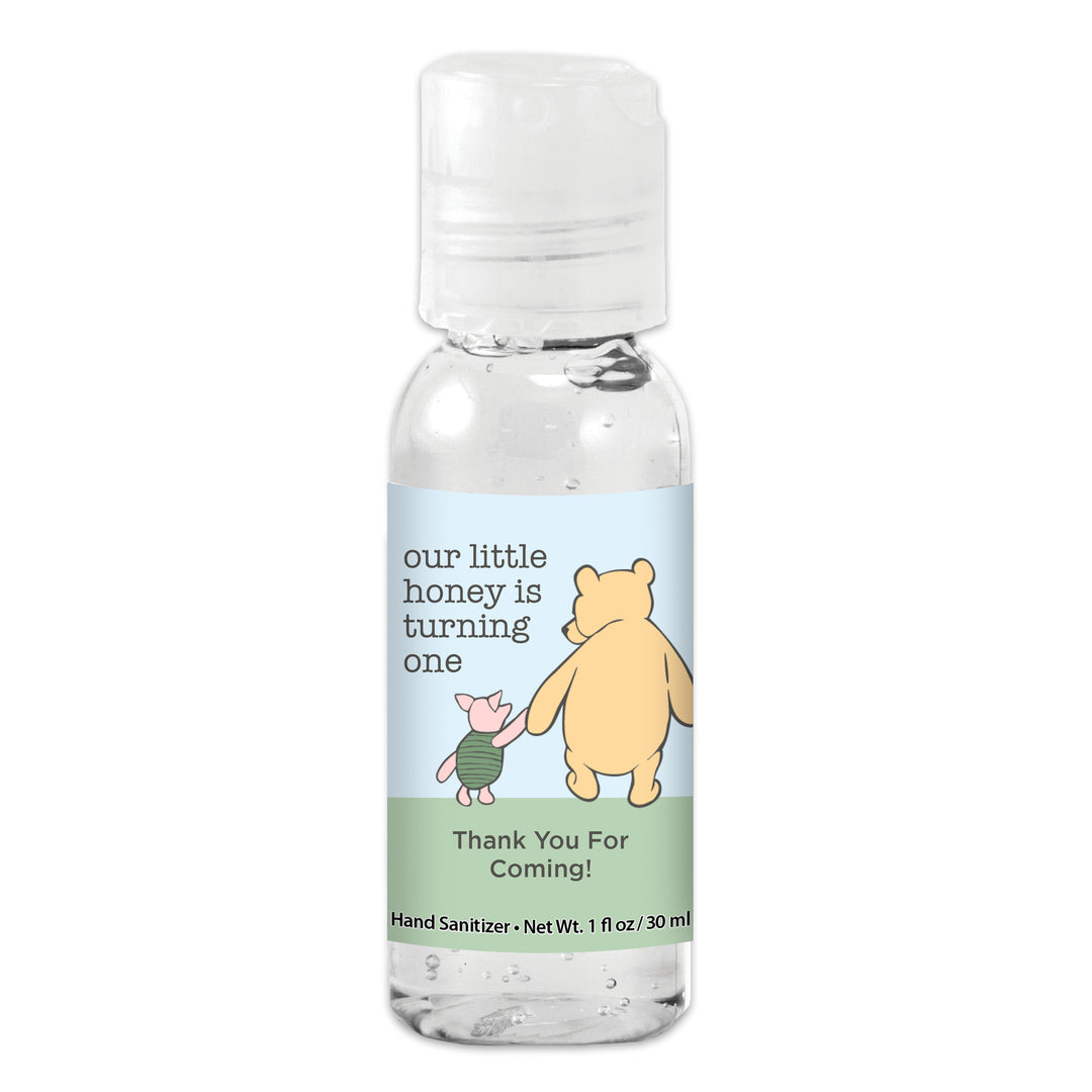 Our Little Honey is Turning One, Winnie the Pooh and Piglet Blue Skies Birthday, Custom Hand Sanitizer Favors