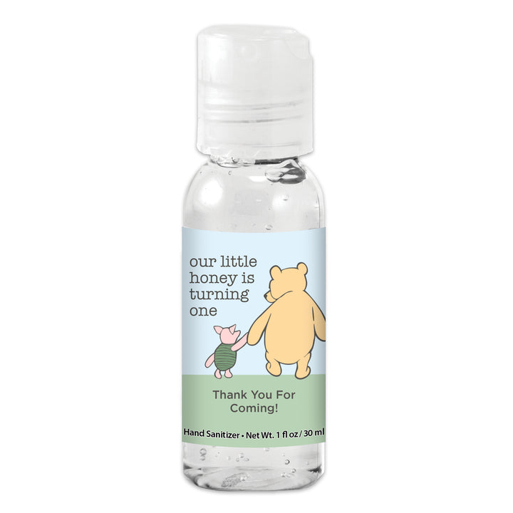 Our Little Honey is Turning One, Winnie the Pooh and Piglet Blue Skies Birthday, Custom Hand Sanitizer Favors