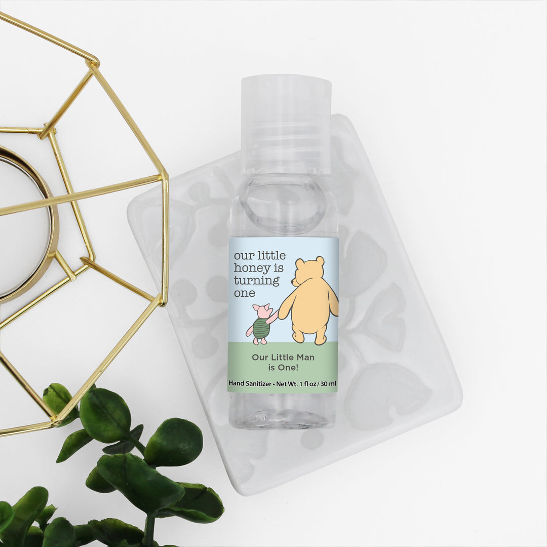 Our Little Honey is Turning One, Winnie the Pooh and Piglet Blue Skies Birthday, Custom Hand Sanitizer Favors