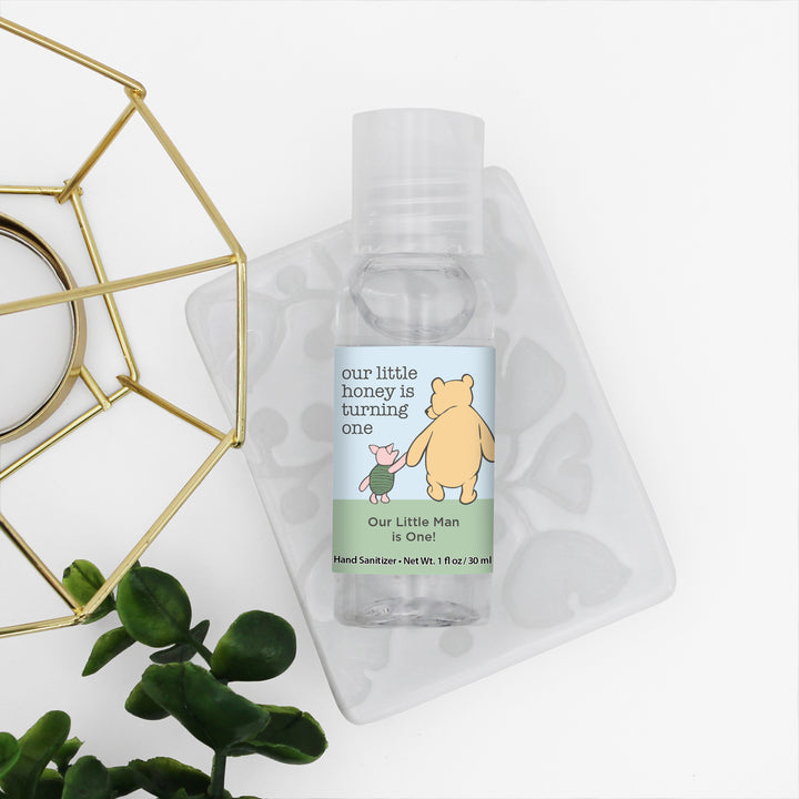 Our Little Honey is Turning One, Winnie the Pooh and Piglet Blue Skies Birthday, Custom Hand Sanitizer Favors