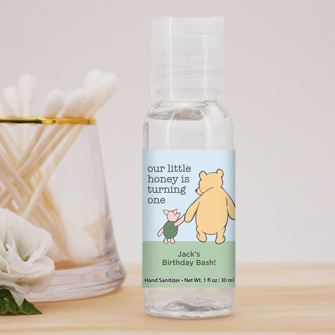 Our Little Honey is Turning One, Winnie the Pooh and Piglet Blue Skies Birthday, Custom Hand Sanitizer Favors