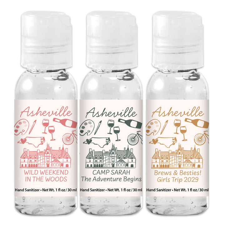 Custom Wedding Hand Sanitizers 1 oz Gel, Girls Trip, Asheville Bachelorette Sanitizers