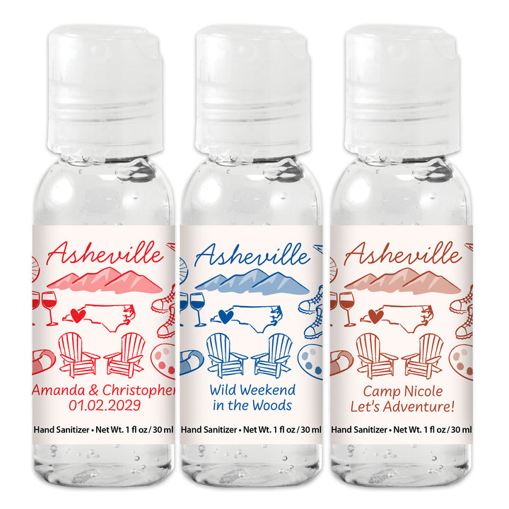 Custom Wedding Hand Sanitizers 1 oz Gel, Girls Trip, Asheville Bachelorette Sanitizers