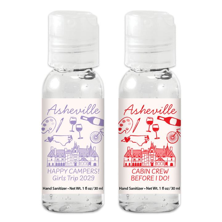 Custom Wedding Hand Sanitizers 1 oz Gel, Girls Trip, Asheville Bachelorette Sanitizers