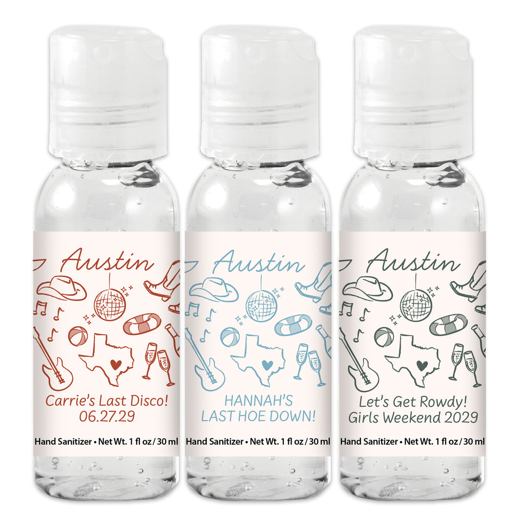 Custom Wedding Hand Sanitizers 1 oz Gel, Girls Trip, Austin Bachelorette Sanitizers