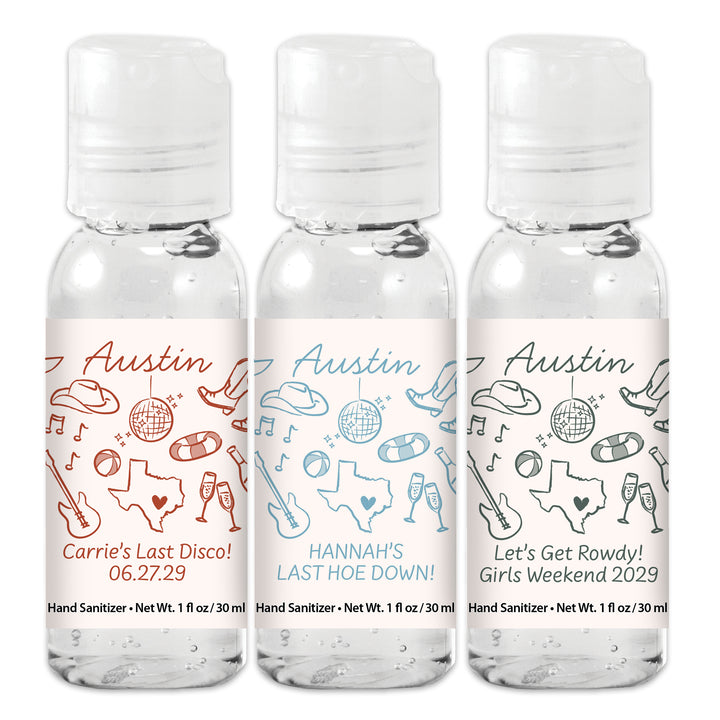 Custom Wedding Hand Sanitizers 1 oz Gel, Girls Trip, Austin Bachelorette Sanitizers