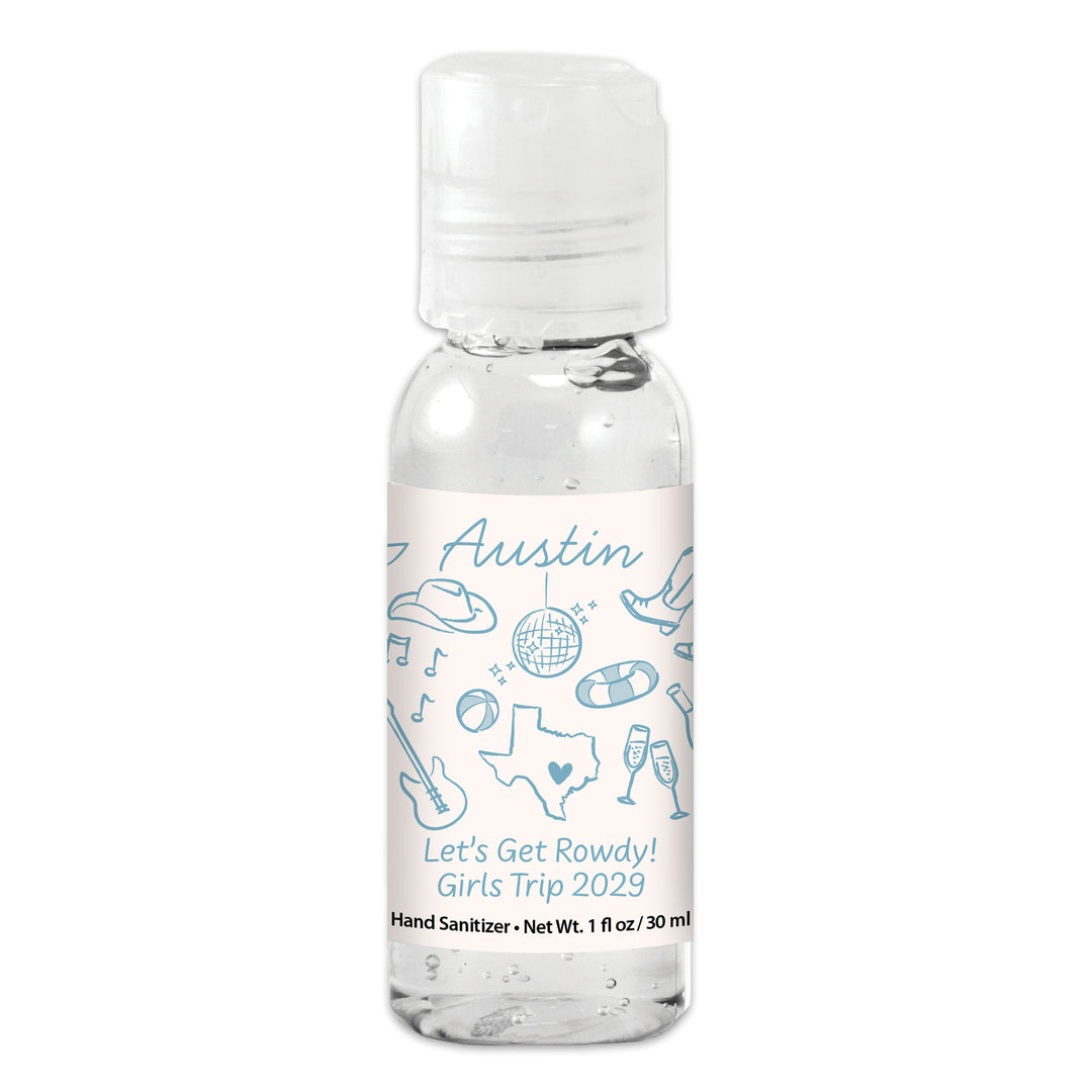 Custom Wedding Hand Sanitizers 1 oz Gel, Girls Trip, Austin Bachelorette Sanitizers
