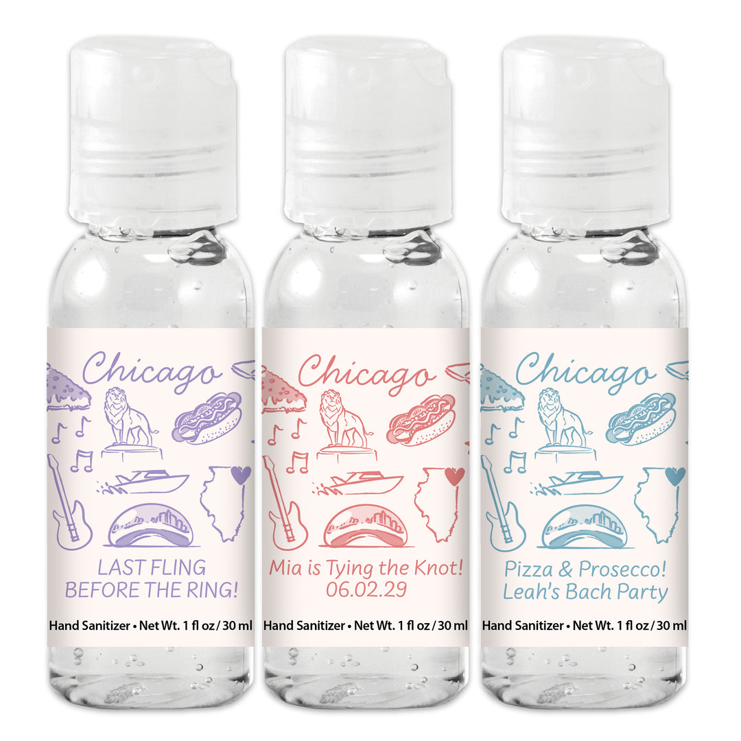 Custom Wedding Hand Sanitizers 1 oz Gel, Girls Trip, Chicago Bachelorette Sanitizers