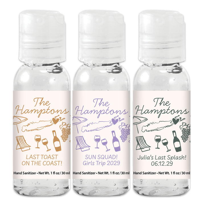 Custom Wedding Hand Sanitizers 1 oz Gel, Girls Trip, Hamptons Bachelorette Sanitizers