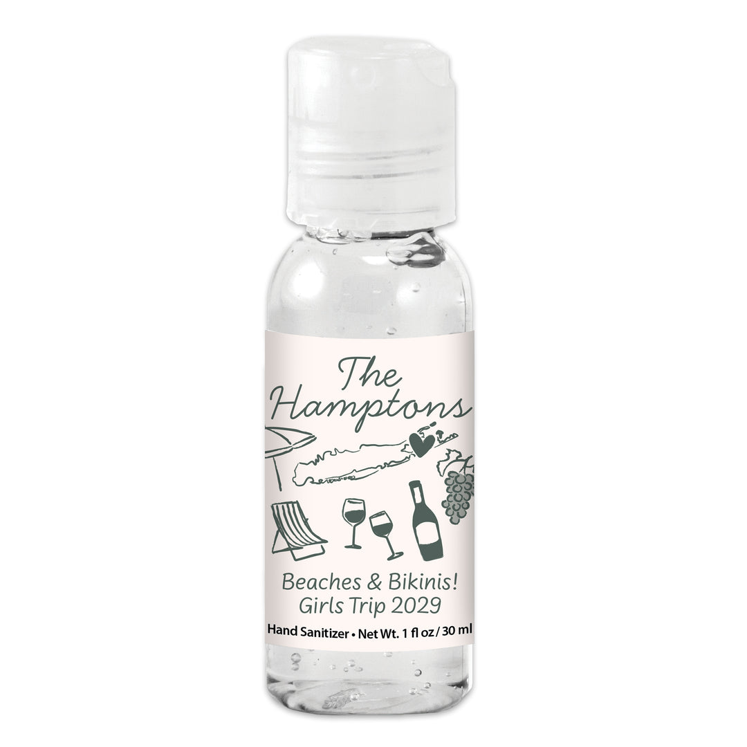 Custom Wedding Hand Sanitizers 1 oz Gel, Girls Trip, Hamptons Bachelorette Sanitizers