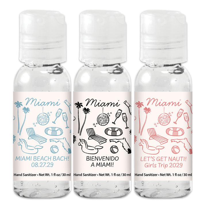 Custom Wedding Hand Sanitizers 1 oz Gel, Girls Trip, Miami Bachelorette Sanitizers