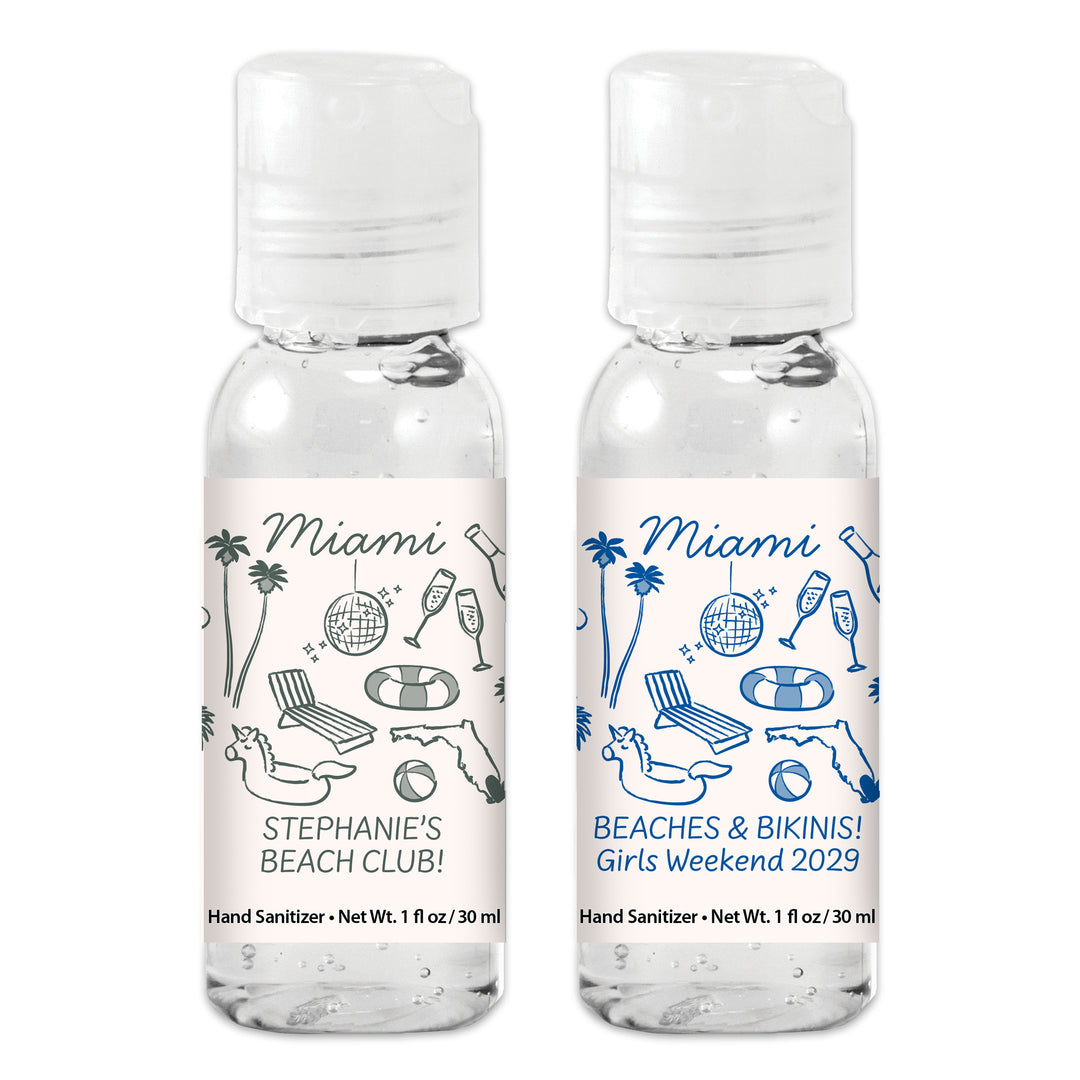Custom Wedding Hand Sanitizers 1 oz Gel, Girls Trip, Miami Bachelorette Sanitizers
